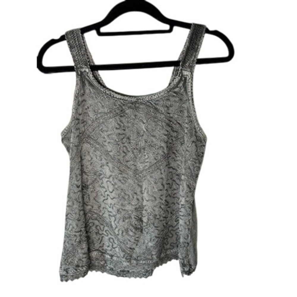 Vintage Style Embroidered Tank Top Grey Olive Mineral Wash Boho Tie Back 90s